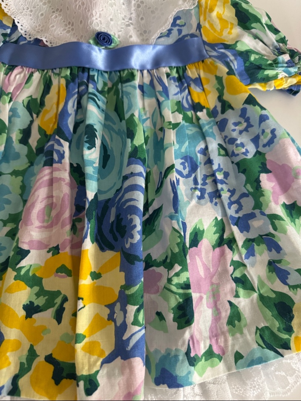 Vintage Allison Ann Girl Floral Lace-Collar Casual Dress - Blue, Yellow & Green - Picture 4 of 6